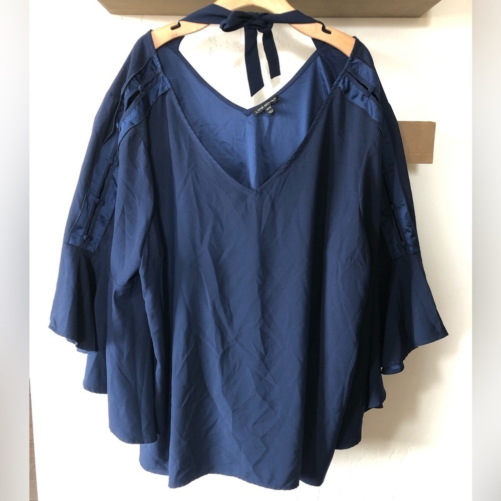 Lane Bryant|Navy Chiffon bell sleeve blouse, bow tie in back, sleeve buttons•••